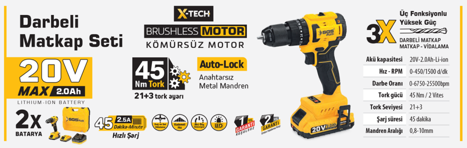 SGS AKÜLÜ DARBELİ MATKAP SETİ 20V 45Nm Tork 2*2.0Ah (KÖMÜRSÜZ MOTOR) SGS 5530