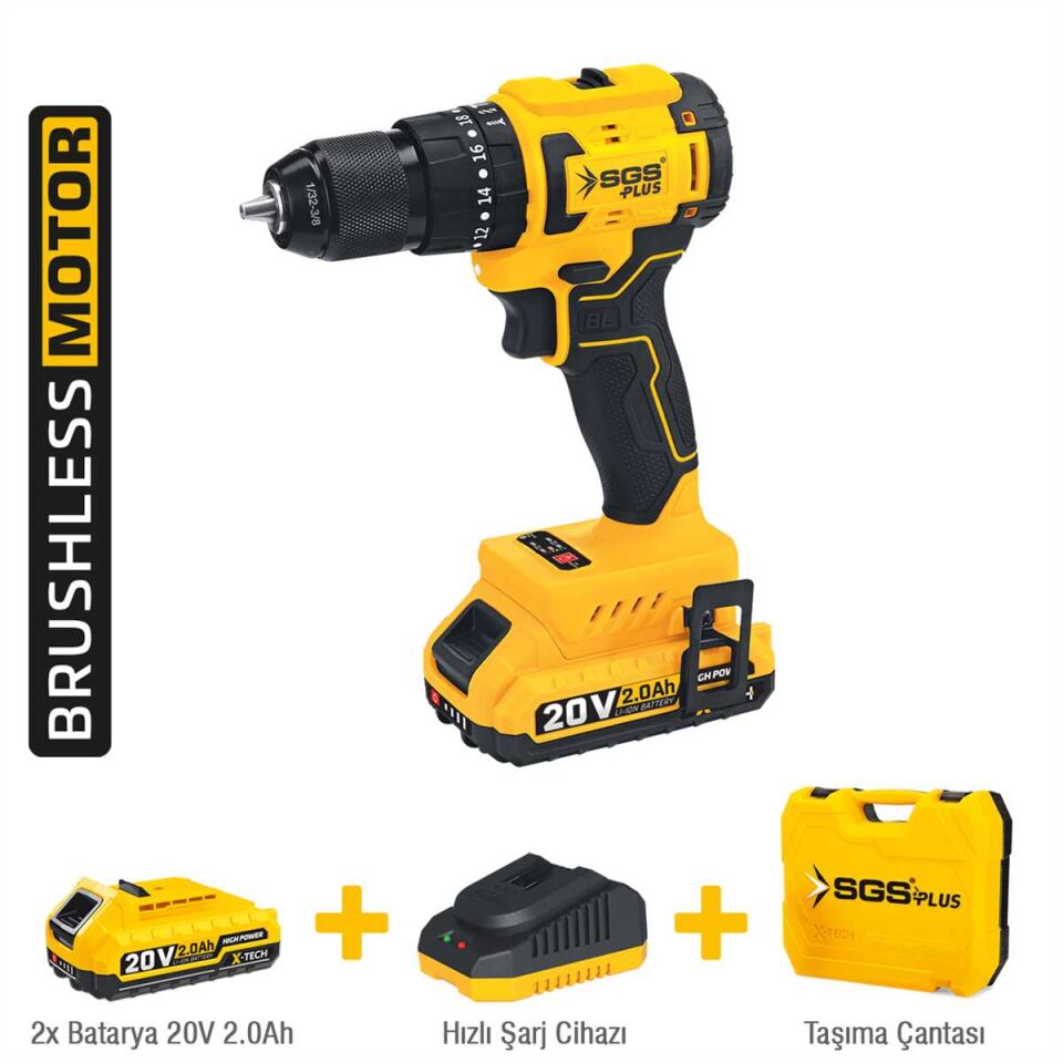 SGS AKÜLÜ DARBELİ MATKAP SETİ 20V 60Nm Tork 2*2.0Ah (KÖMÜRSÜZ MOTOR) SGS 5532