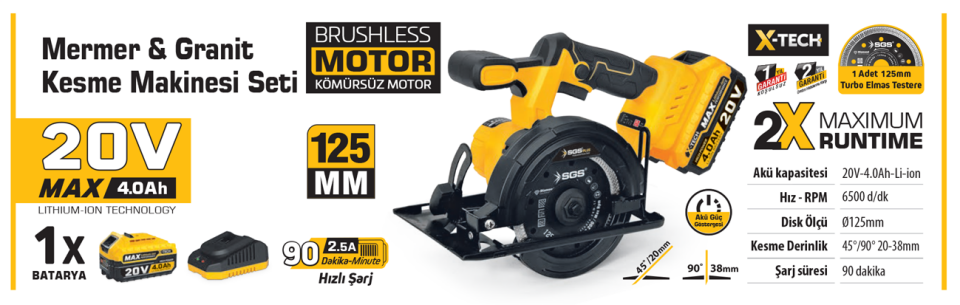 SGS AKÜLÜ GRANİT&MERMER KESME MAKİNESİ SETİ 125 MM 1*4.0 Ah (KÖMÜRSÜZ MOTOR) SGS 5540