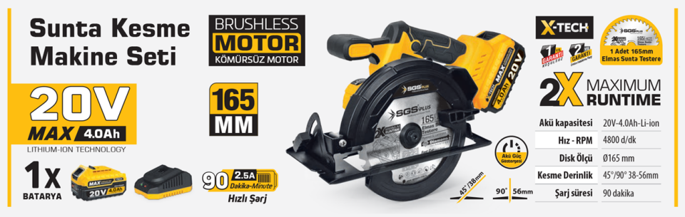SGS AKÜLÜ SUNTA KESME MAKİNESİ SETİ 165 MM 1*4.0 Ah (KÖMÜRSÜZ MOTOR) SGS 5541