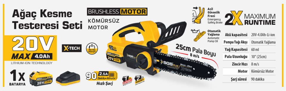 SGS AKÜLÜ AĞAÇ KESME TESTERESİ SETİ 25 CM 20V 1*4.0 Ah (KÖMÜRSÜZ MOTOR) SGS 5320