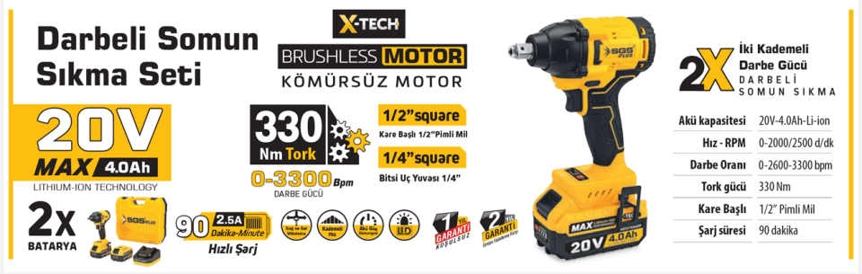 SGS DARBELİ SOMUN SIKMA SETİ 330 Nm Tork 20V 1/2” 2*4.0Ah (KÖMÜRSÜZ MOTOR) SGS 5502