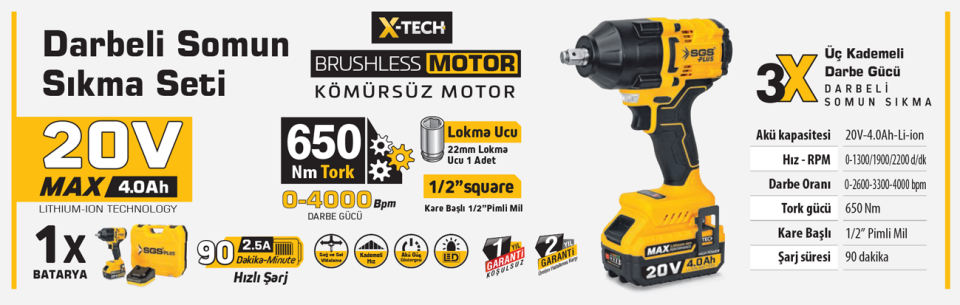 SGS DARBELİ SOMUN SIKMA SETİ 650 Nm Tork 1/2” 1*4.0 Ah (KÖMÜRSÜZ MOTOR) SGS 5503