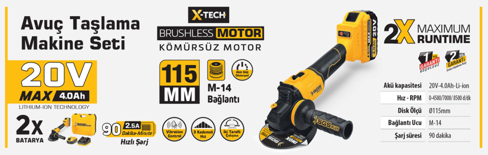 SGS AKÜLÜ AVUÇ TAŞLAMA MAKİNASI SETİ 20V 2*4.0Ah (KÖMÜRSÜZ MOTOR) SGS 5510