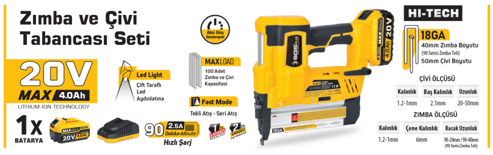 SGS AKÜLÜ ZIMBA VE ÇİVİ TABANCASI SETİ 20V 1*4.0 Ah SGS 5165