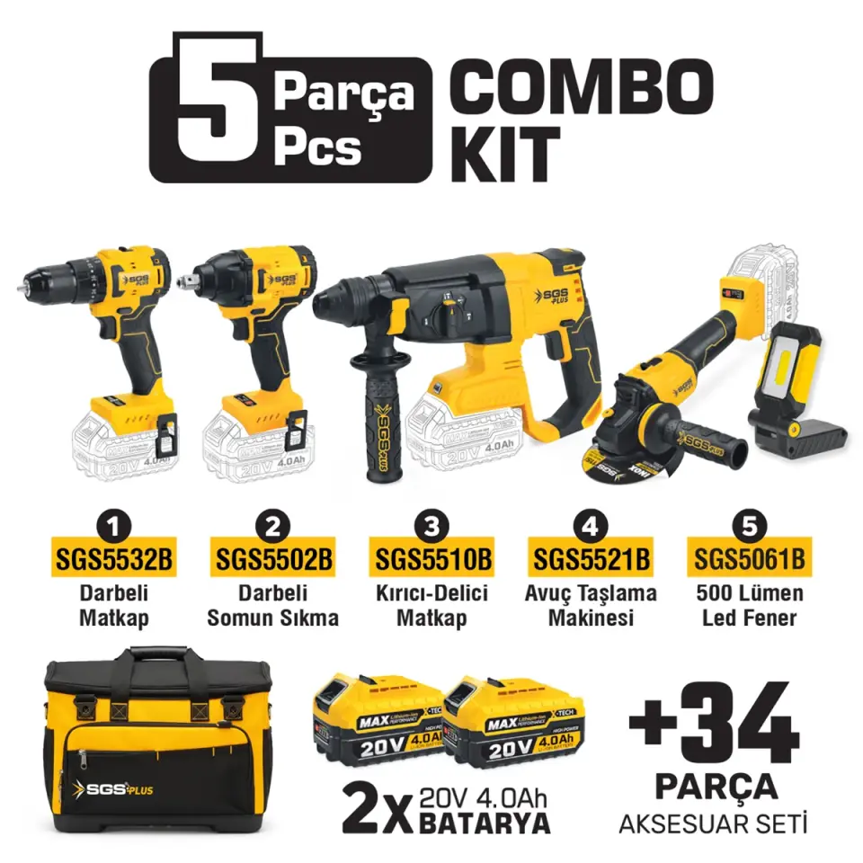 SGS COMBO SET 5 PARÇA (Darbeli Matkap/Kırıcı-Delici Matkap/Avuç Taslama Makinesi/Darbeli Somun Sıkma/Led Fener) SGS 5451