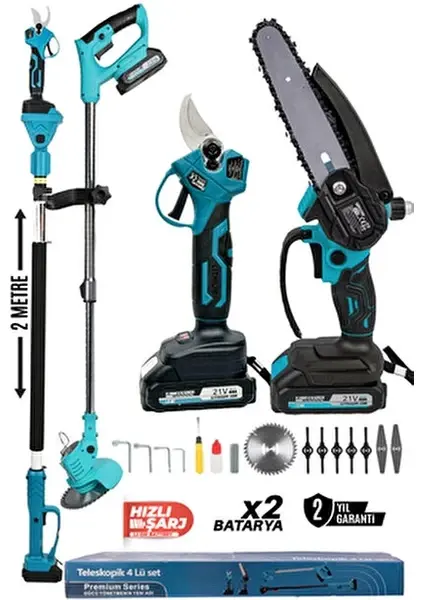 KIMMEER PLUS Profesyonel 4’lü Set Şarjlı Makas Testere Tırpan ve Teleskopik Uzatma 2 Metre