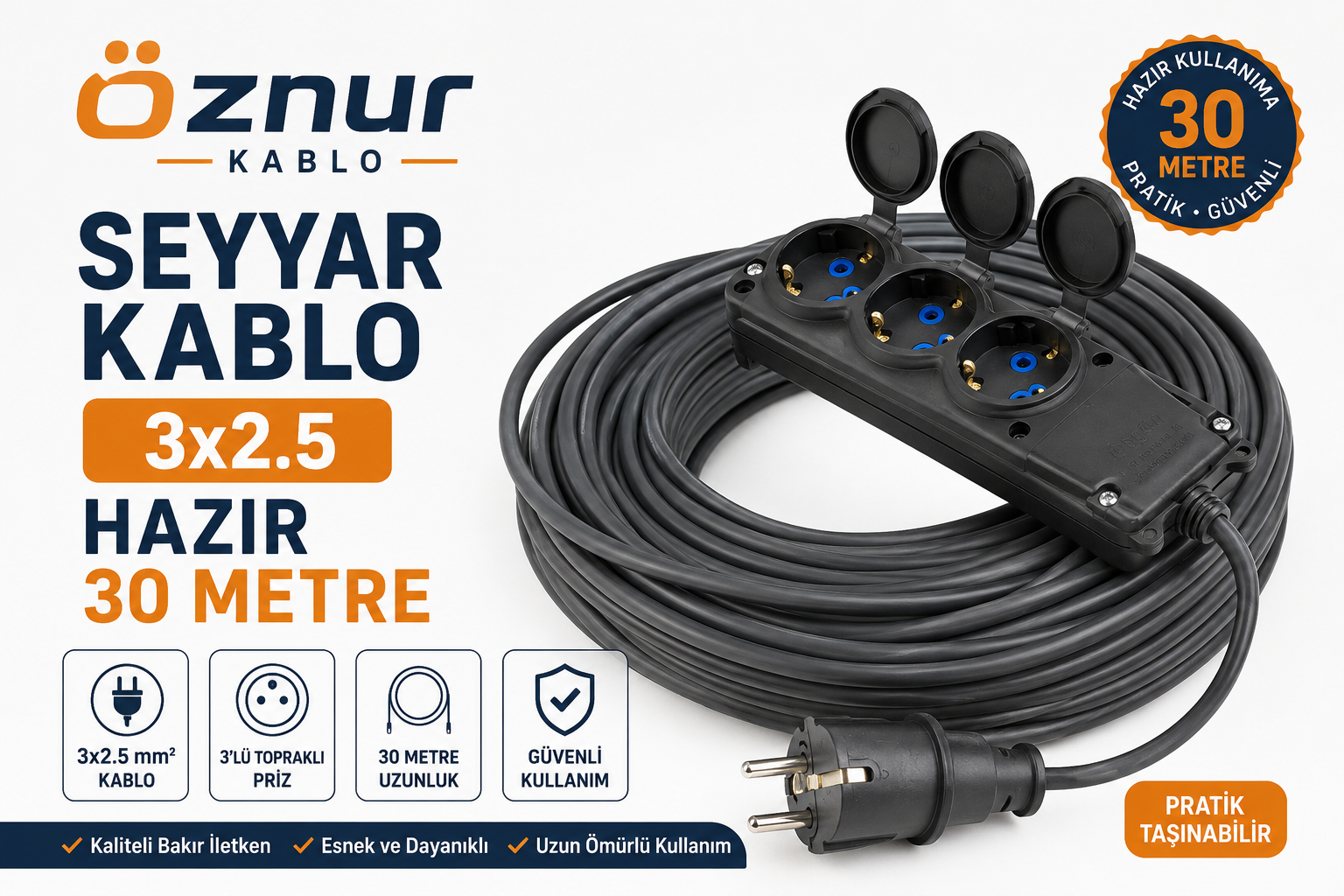Seyyar Kablo 30 Metre 3x2.5 mm Kauçuk Fişli