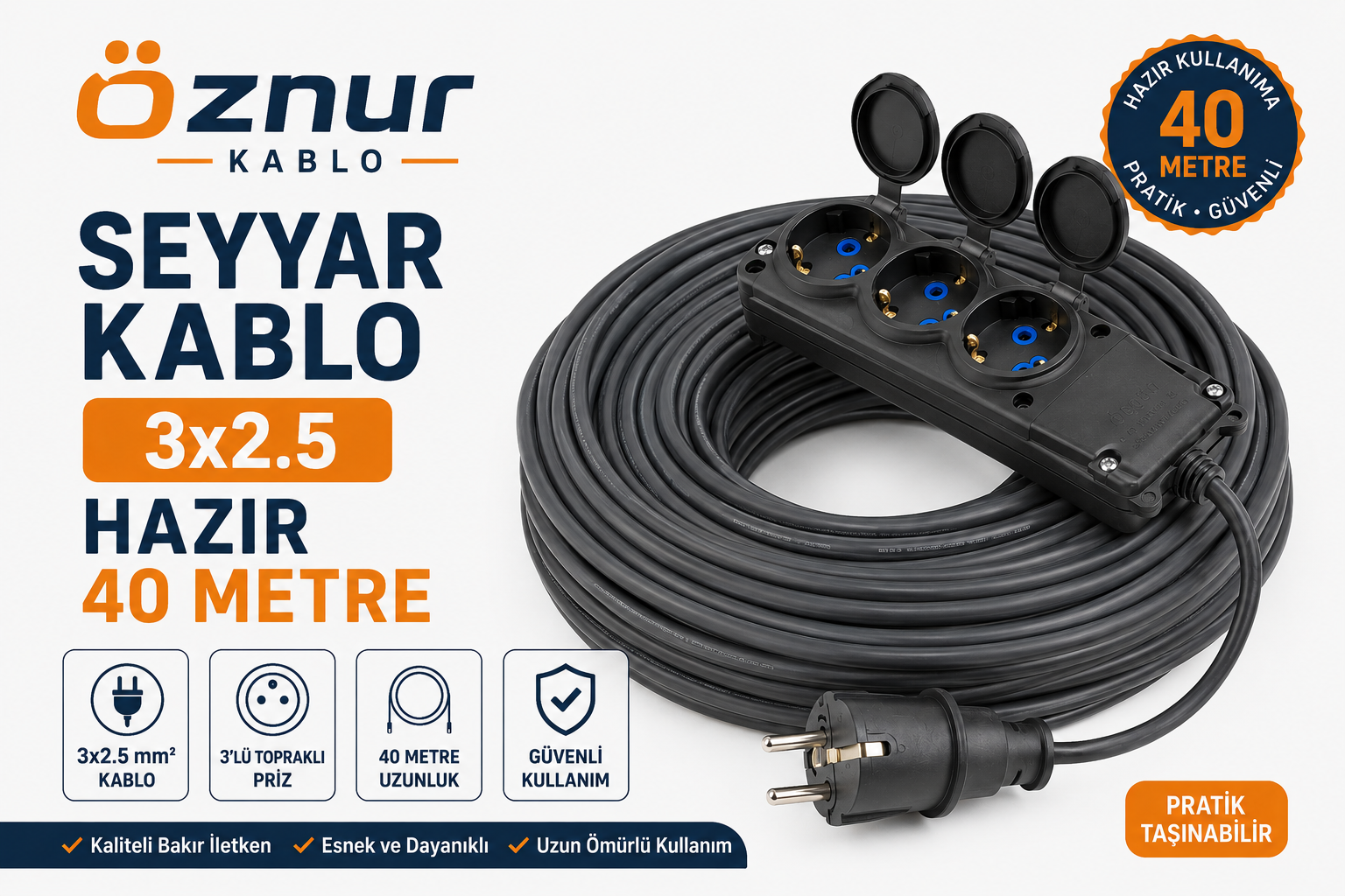 Seyyar Kablo 40 Metre 3x2.5 mm Kauçuk Fişli