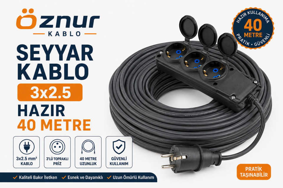 Seyyar Kablo 40 Metre 3x2.5 mm Kauçuk Fişli