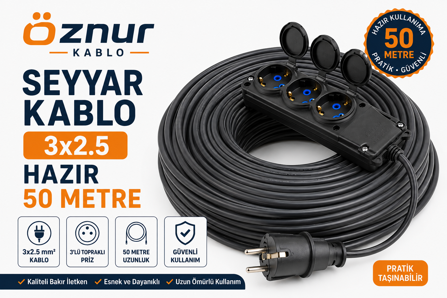 Seyyar Kablo 50 Metre 3x2.5 mm Kauçuk Fişli