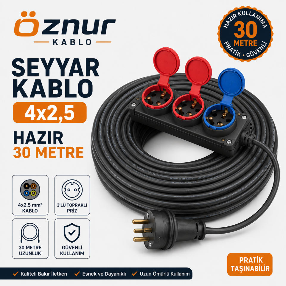 Seyyar Kablo 30 Metre 4x2.5 mm 2 TRİFAZE 1 MONOFAZE FİŞLİ