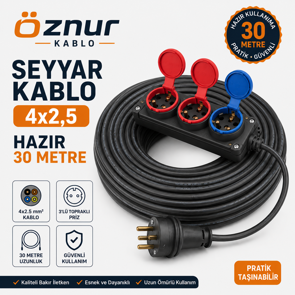 Seyyar Kablo 30 Metre 4x2.5 mm 2 TRİFAZE 1 MONOFAZE FİŞLİ