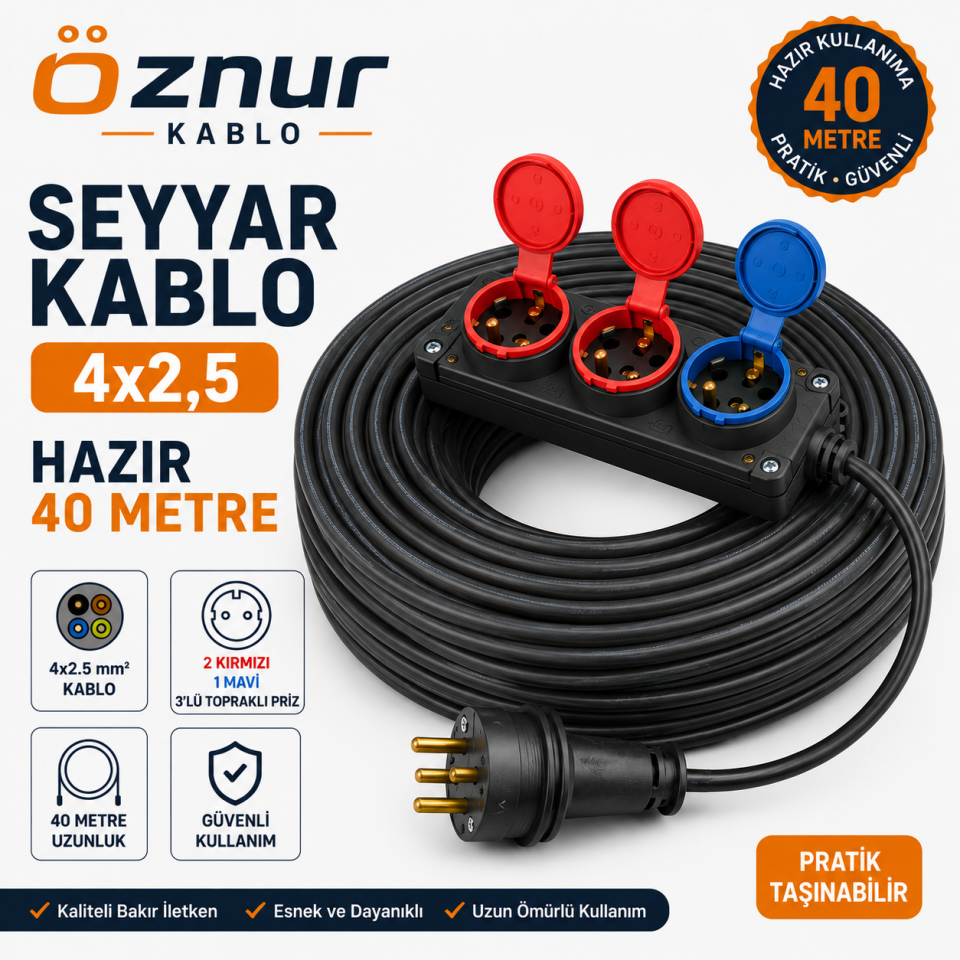 Seyyar Kablo 40 Metre 4x2.5 mm 2 TRİFAZE 1 MONOFAZE FİŞLİ