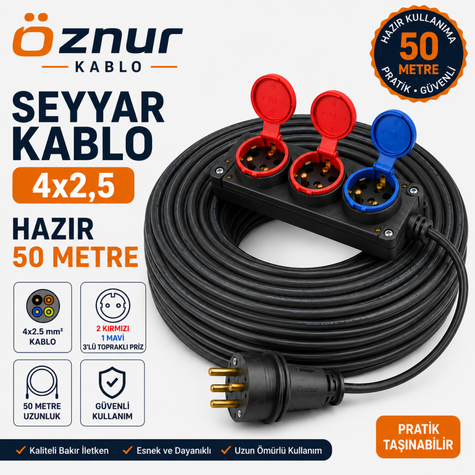 Seyyar Kablo 50 Metre 4x2.5 mm 2 TRİFAZE 1 MONOFAZE FİŞLİ