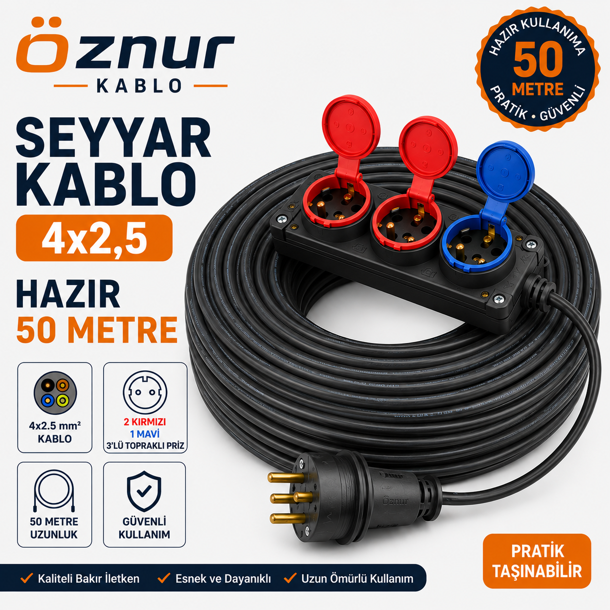 Seyyar Kablo 50 Metre 4x2.5 mm 2 TRİFAZE 1 MONOFAZE FİŞLİ